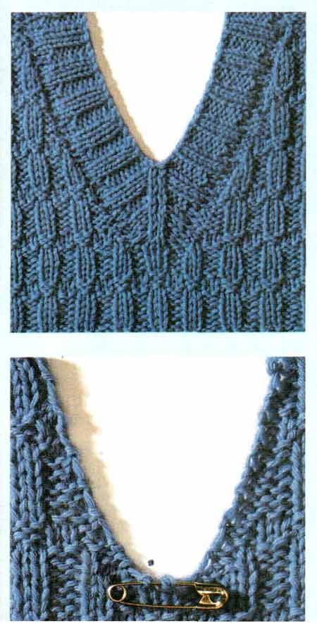 Как обработать горло у пуловера связанного резинкой. Y-образный и прямоугольный вырезы. Другой вариант расчета вывязывания V-образного выреза.